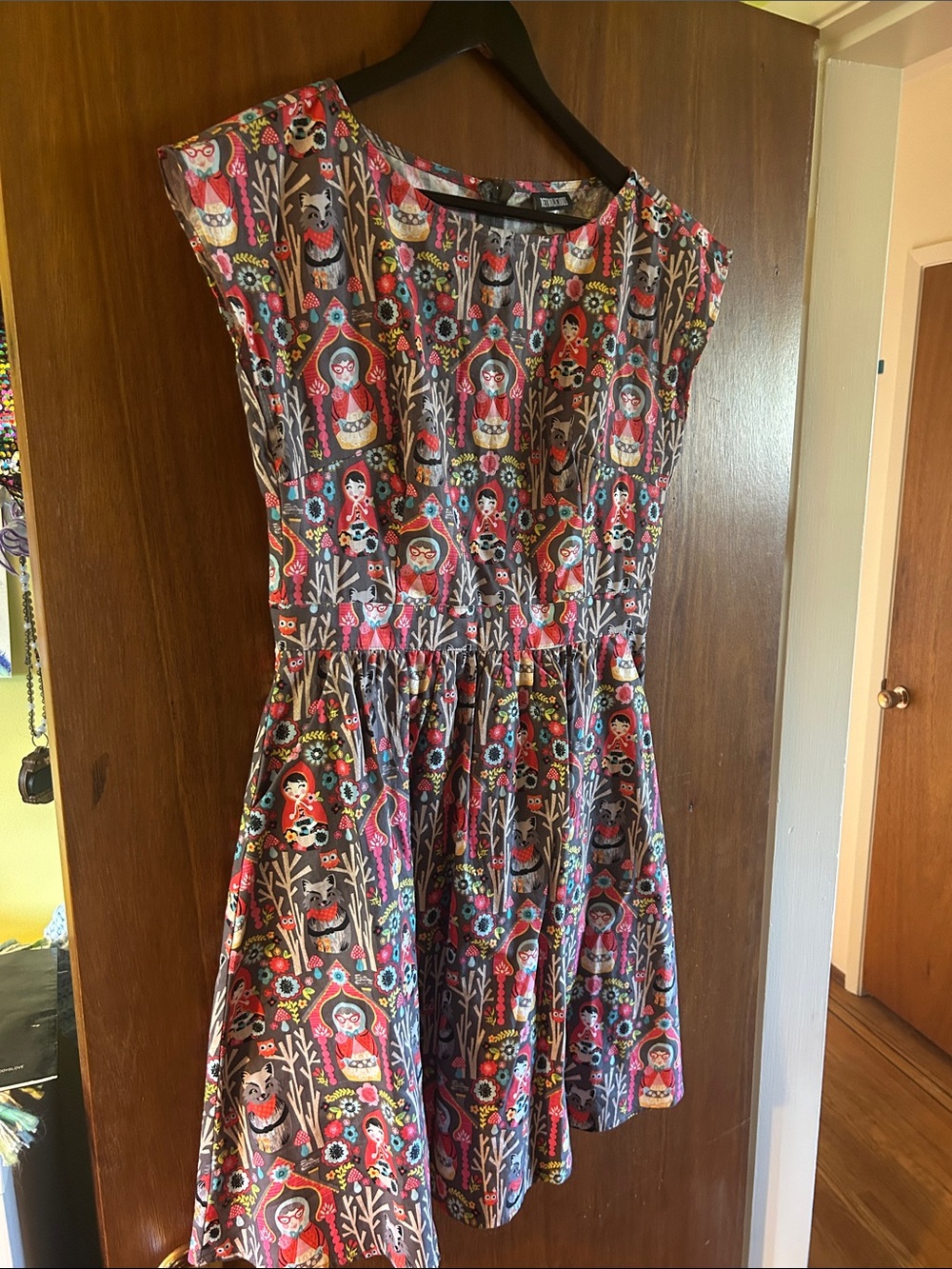 Retrolicious Multicolor Matryoshka Little Red Hood Print Dress - Pink, Teal, Red